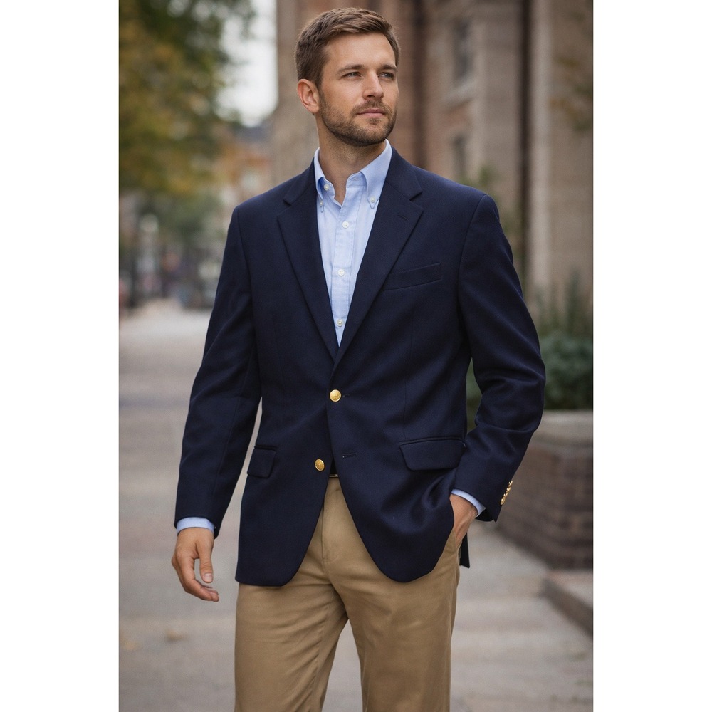 Chaps Navy Wool Blazer Men‎ 42R Classic Sport Coat Gold Button Preppy